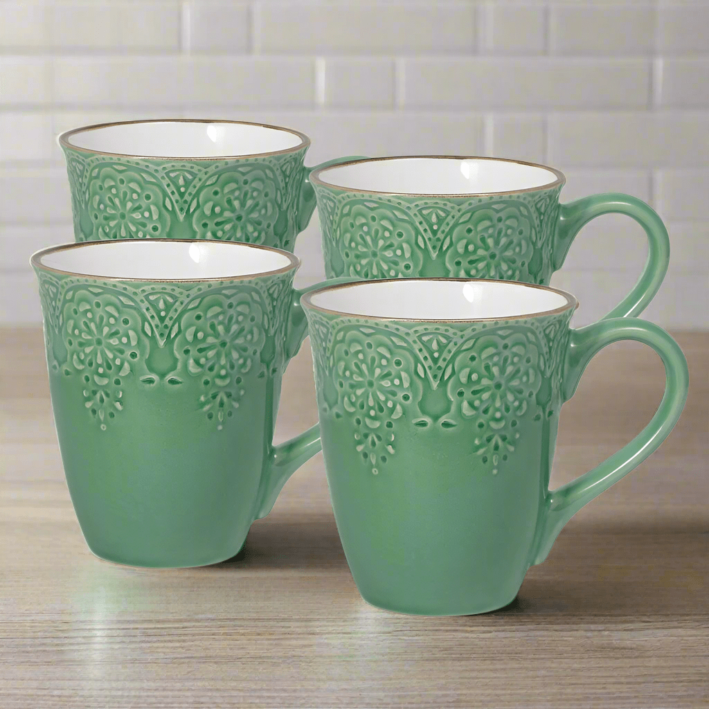 French Lace Set of 4 Green Mugs