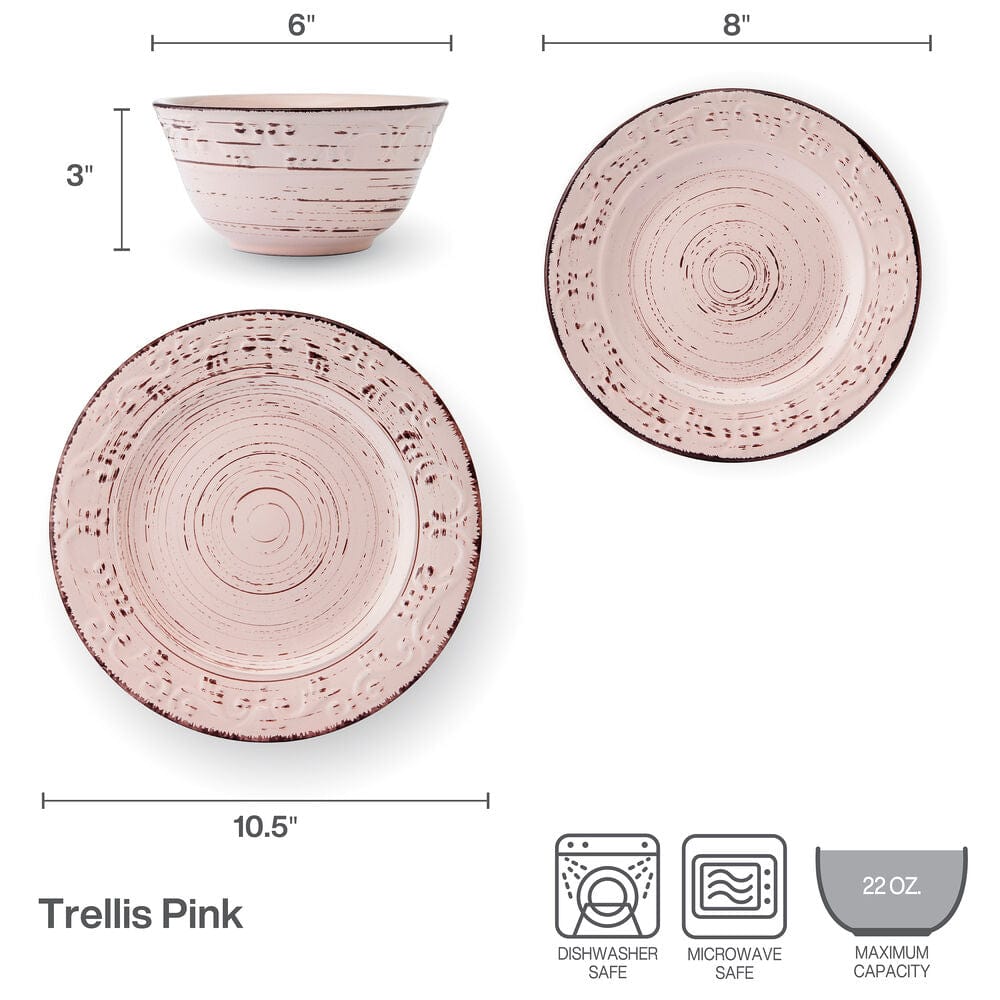 Trellis Pink 12 Piece Dinnerware Set, Service for 4