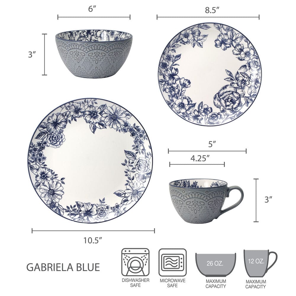 Gabriela Blue 16 Piece Dinnerware Set, Service for 4