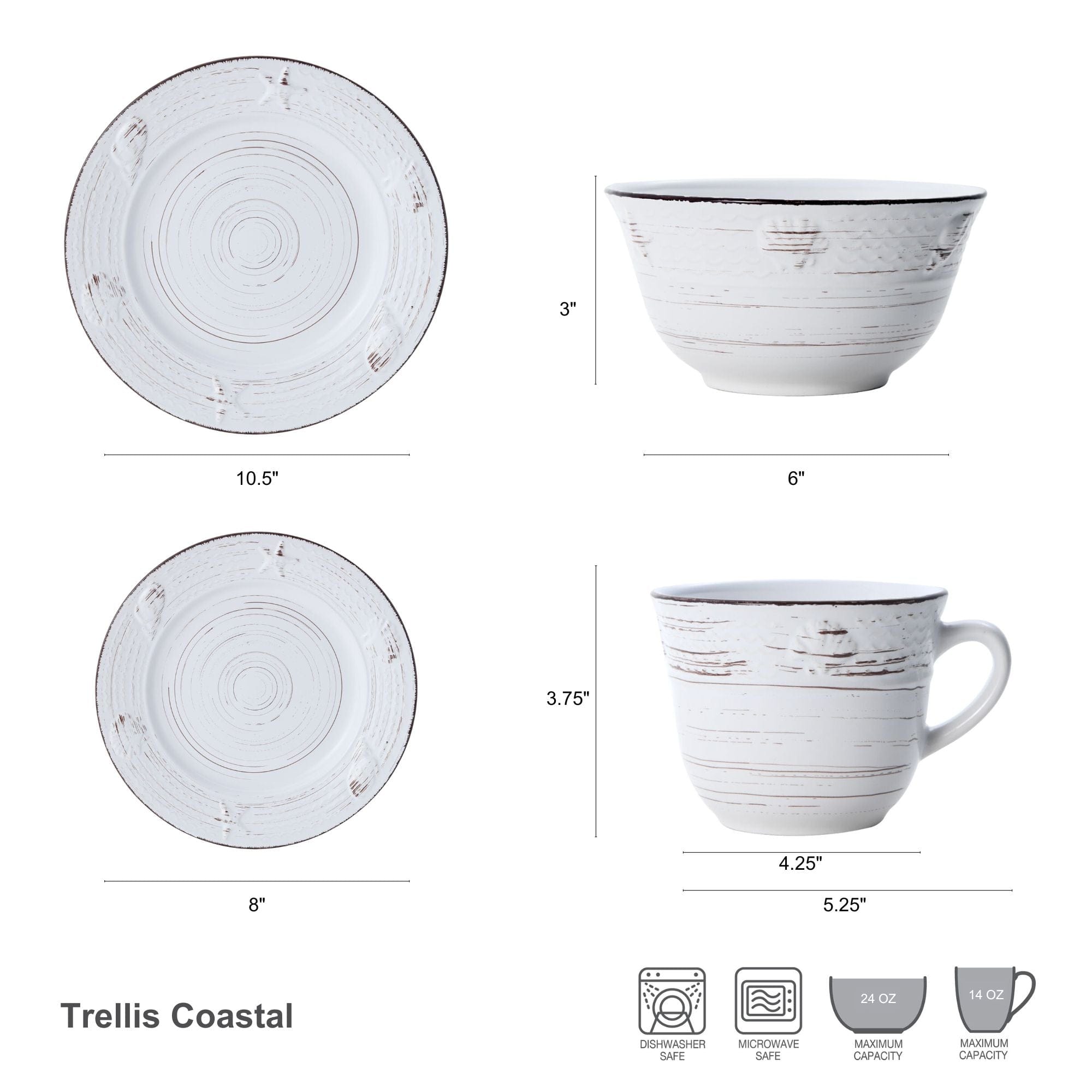 Trellis Coastal White 16 Piece Dinnerware Set, Service for 4