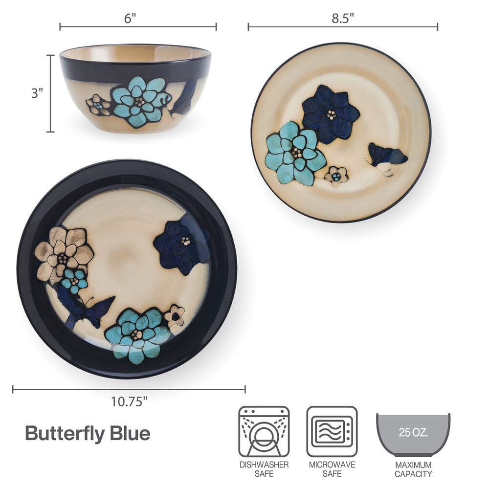 Painted Butterfly Blue 12 Piece Dinnerware Set, Service for 4