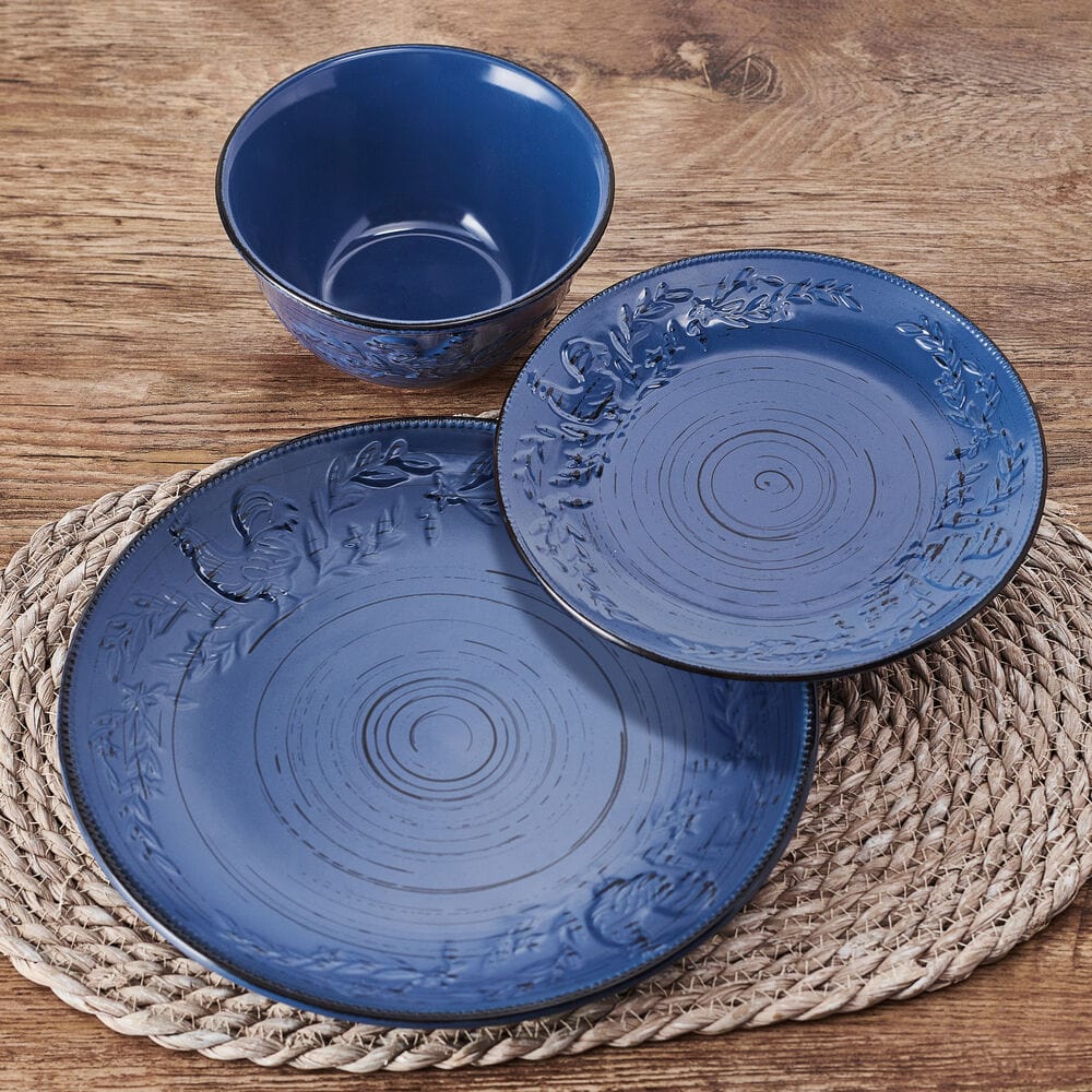 Trellis Rooster Blue 12 Piece Set, Service for 4