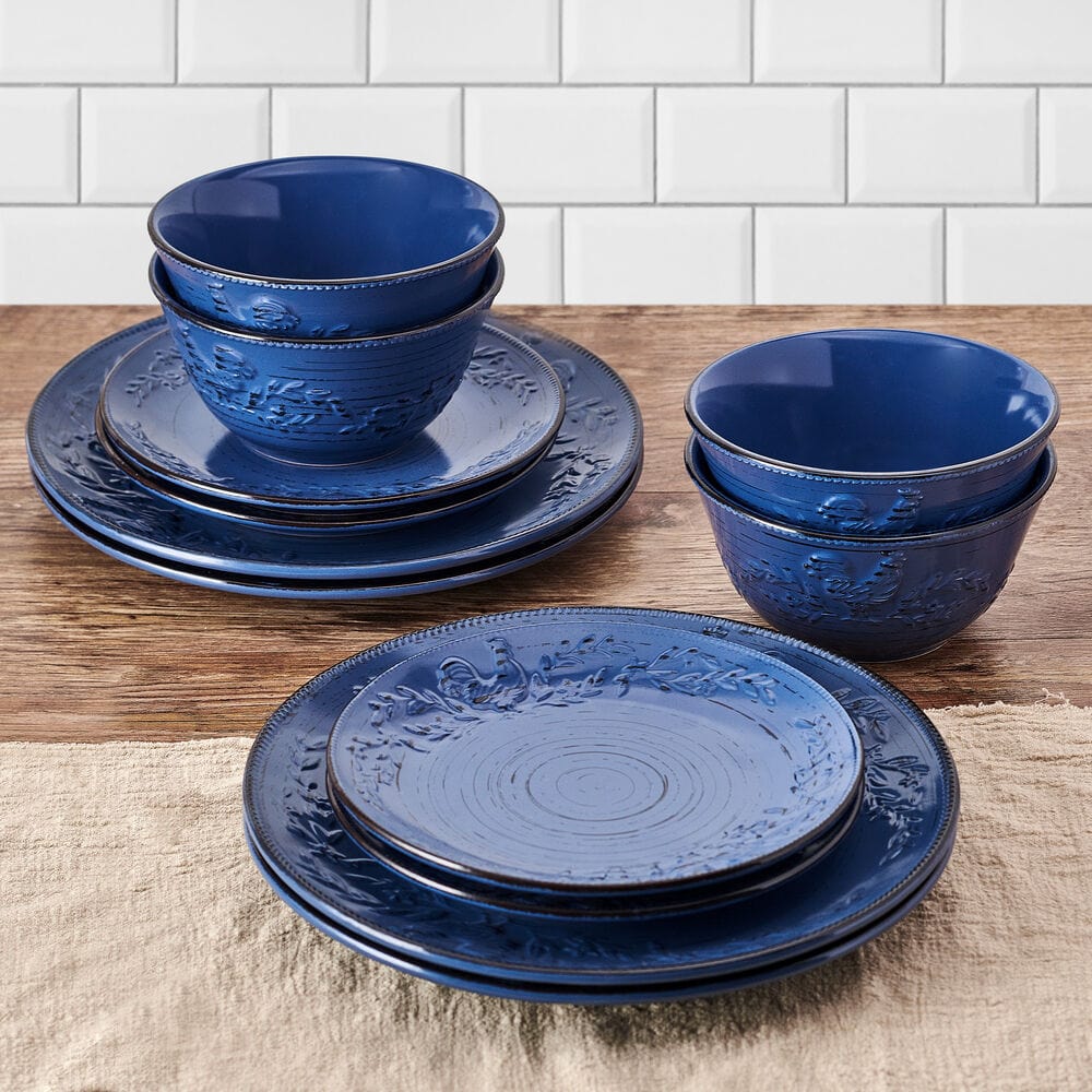 Trellis Rooster Blue 12 Piece Set, Service for 4