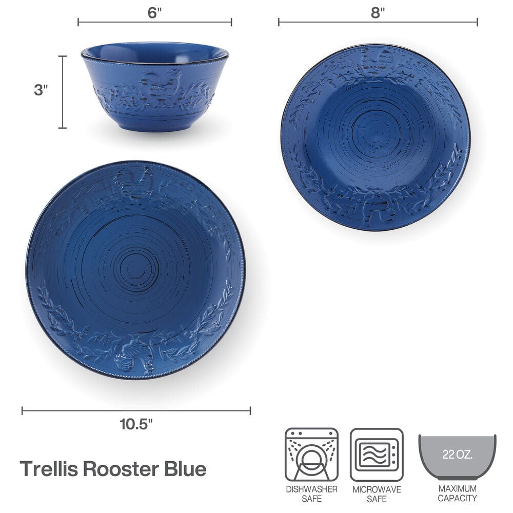 Trellis Rooster Blue 12 Piece Set, Service for 4