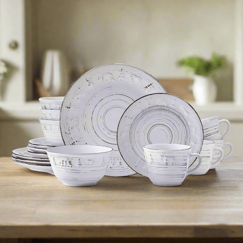 Trellis Lodge White 16 Piece Dinnerware Set, Service for 4