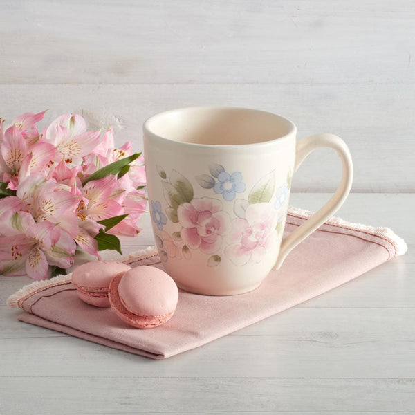 Set of 6 Pfaltzgraff outlet Mugs and saucers. Ivory color with pink Roses and a butterfly (D)