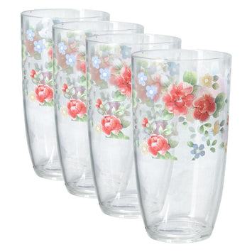 Vintage Pfaltzgraff MISSION FLOWER 16 Oz. Glassware Cooler Tumbler Glass Set  of 3 Glasses Cream Rust Brown Stoneware With Floral Design 