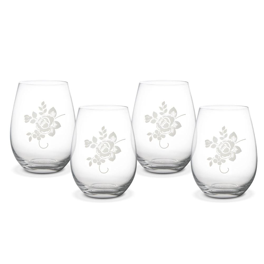 Tea Rose Set of 4 All Purpose Stemless Wine Glasses