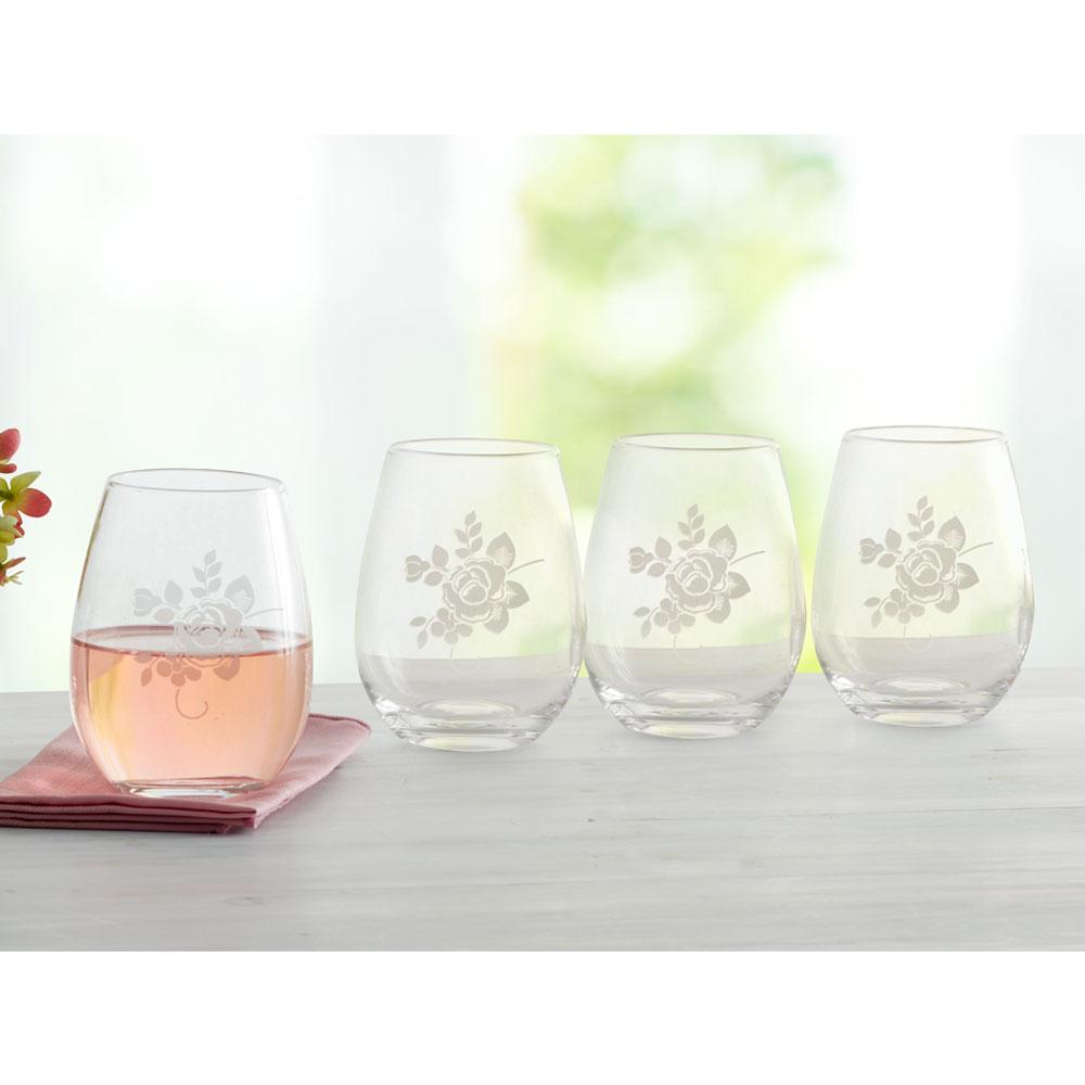 Tea Rose Set of 4 All Purpose Stemless Wine Glasses