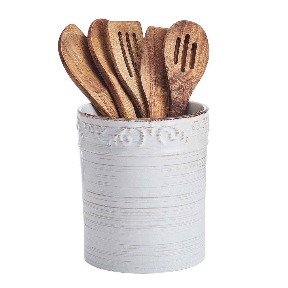 Trellis White Utensil Crock with Tools